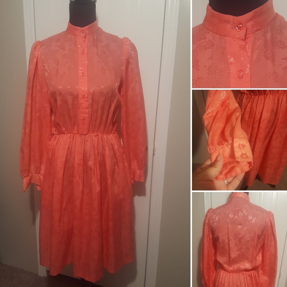 ❄Vintage Puff Sleeves Coral Dress